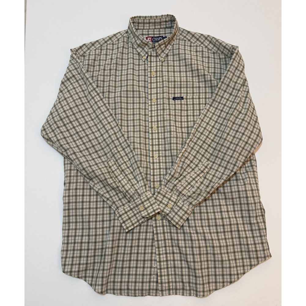 Chaps Ralph Lauren Mens Large Green Tan Plaid Button Down Shirt Long Sleeve L